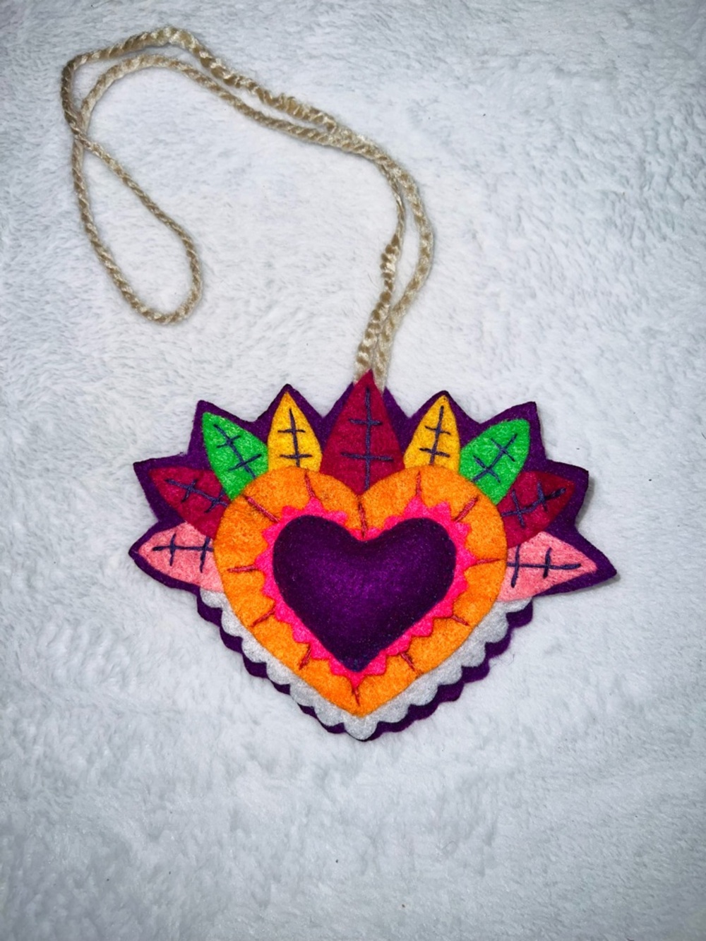Hand Crafted Purple Orange Pink Green Layered Felt Heart Necklace